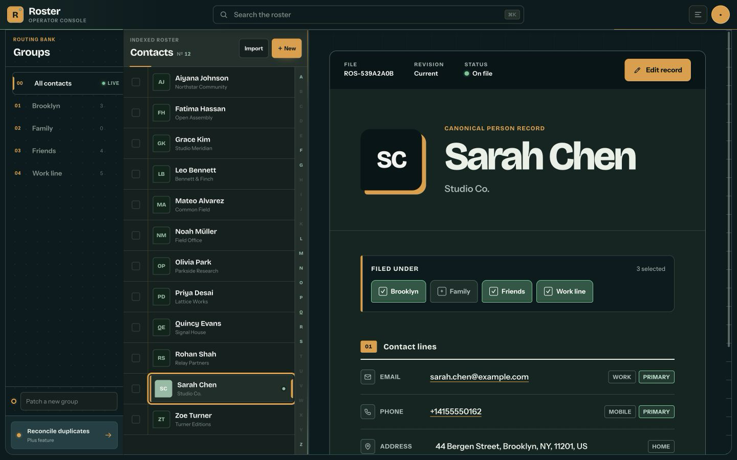 The Roster app showing groups, an indexed contact list, and Sarah Chen's canonical person record.